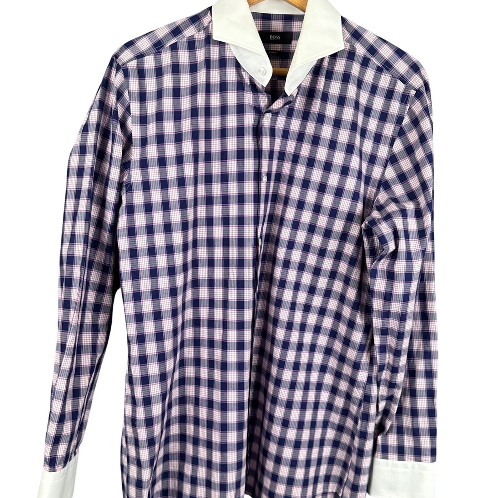 Hugo Boss Mens Slim Fit Check Dress Shirt Navy Pink White Collar 16 41 - Picture 1 of 9